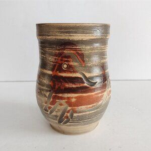 Vintage Signed Studio Art Pottery Vase Hand Painted Ram Goat? Abstract Art Brown